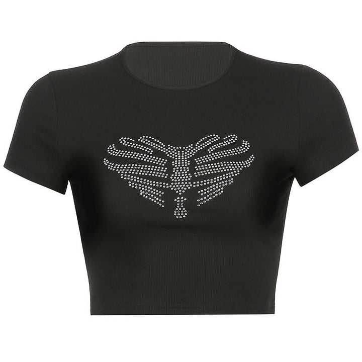 Trendy black crop top for women, adorned with a dazzling rhinestone skeleton pattern for an edgy style.