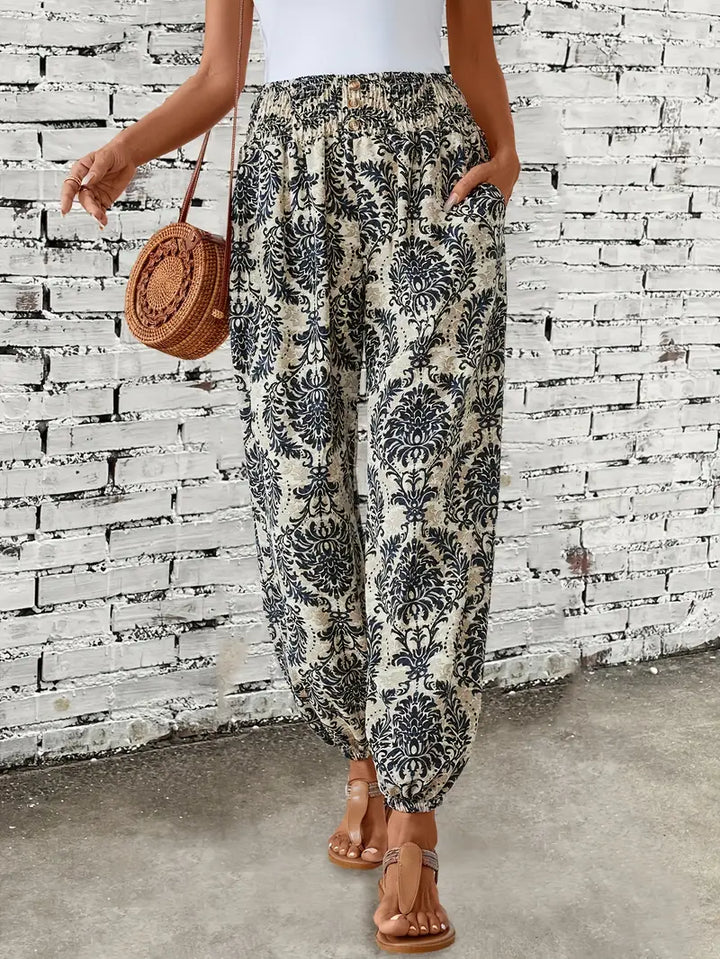 Summer fashion women's comfort pants with a smocked waist and ethnic pattern