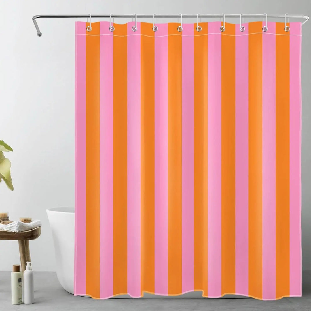 Full view of a boho striped fabric shower curtain hanging in a modern bathroom, enhancing home decor