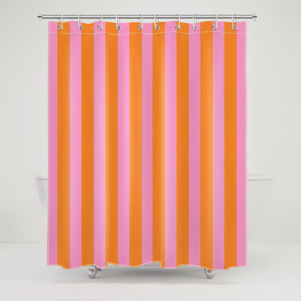Rolled up boho striped shower curtain, showcasing the fabric and striped pattern for modern bath