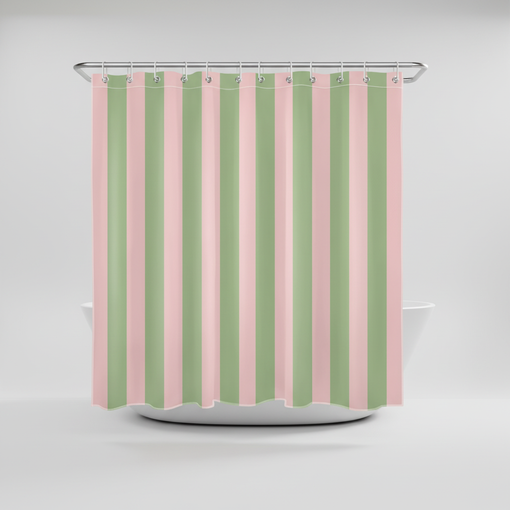 Boho striped fabric shower curtain with a subtle stripe design, offering a quick dry bathroom solution