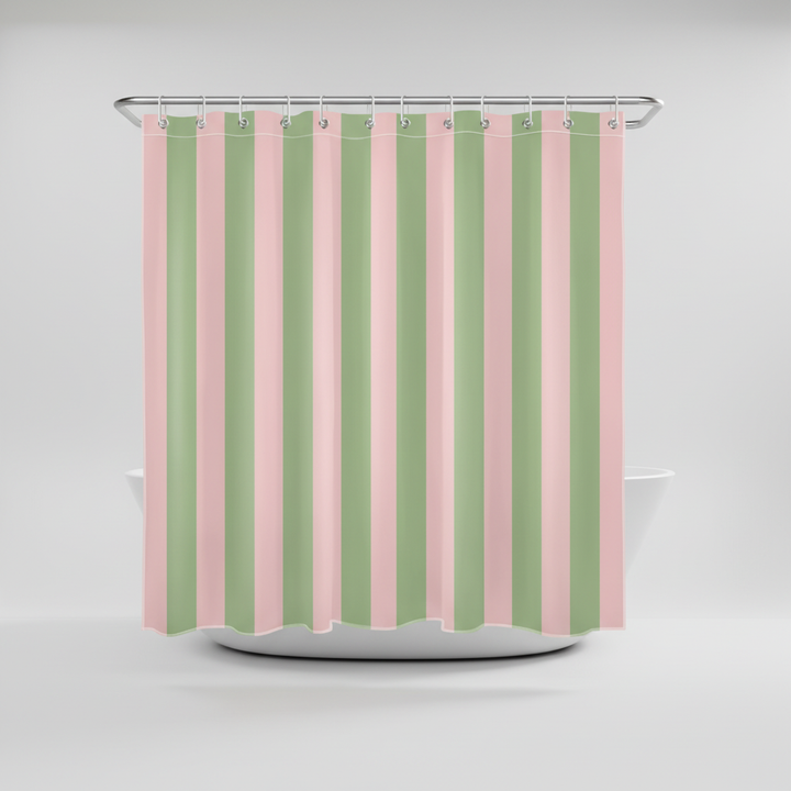 Boho striped fabric shower curtain with a subtle stripe design, offering a quick dry bathroom solution