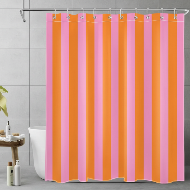 Boho striped fabric shower curtain with vertical stripes, modern bathroom decor