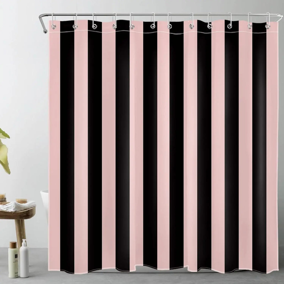 Waterproof striped shower curtain for a contemporary bathroom, easy care fabric