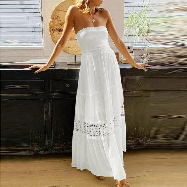 Boho women's off-shoulder lace maxi dress in white, perfect for summer beachwear