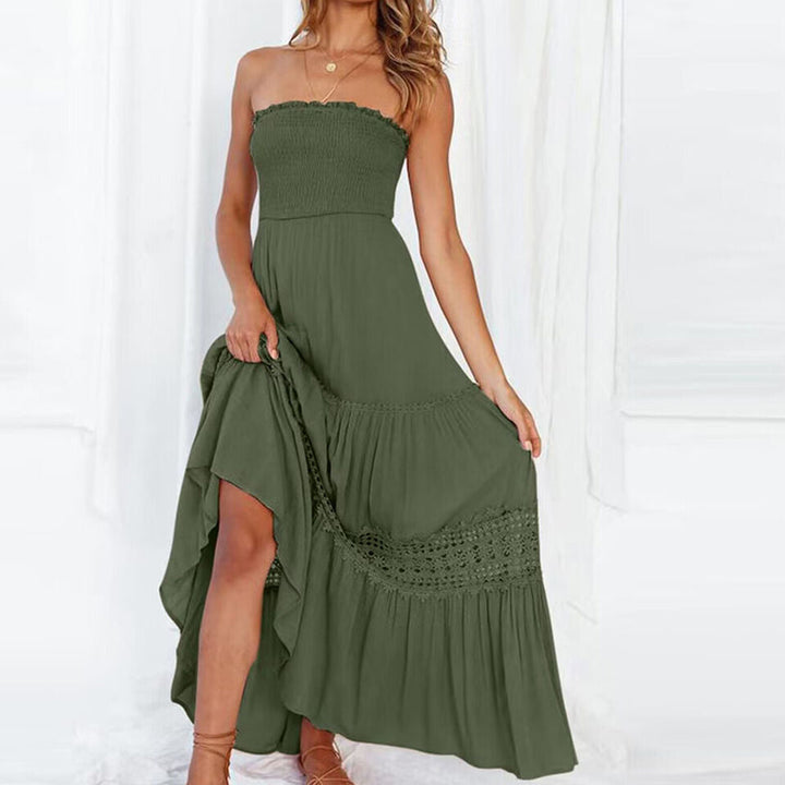 Flowy sleeveless off-shoulder lace maxi dress for women, ideal as a summer dress