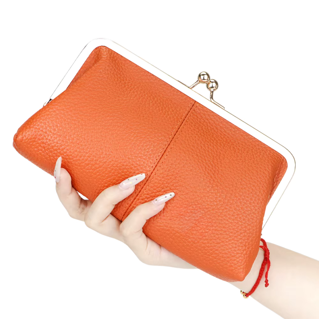 Bolso de mano de cuero genuino naranja para mujer con cierre de beso vintage y elegante.