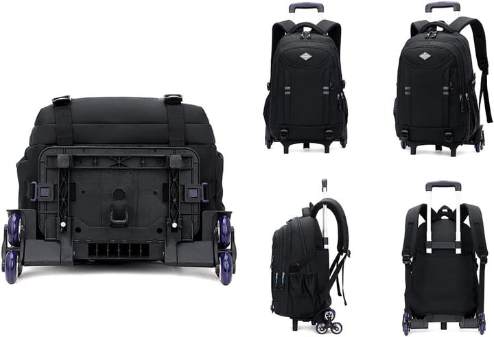 Convertible boys' rolling backpack; a durable multi-pocket school bag & trolley for easy transport.