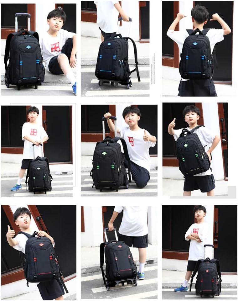 Durable nylon boys' rolling backpack, multi-pocket convertible school bag & trolley for active kids.