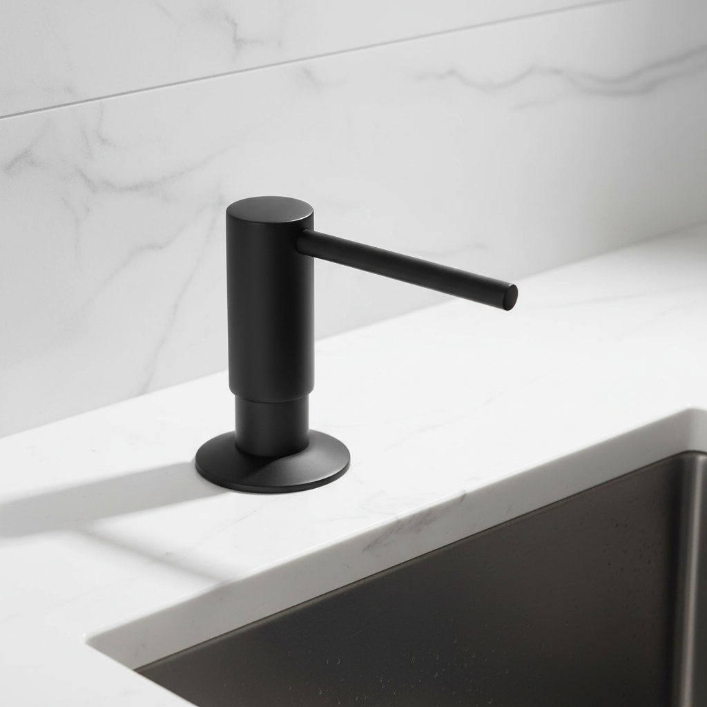 Contemporary built-in soap dispenser in brass finish for modern kitchen sink organization.