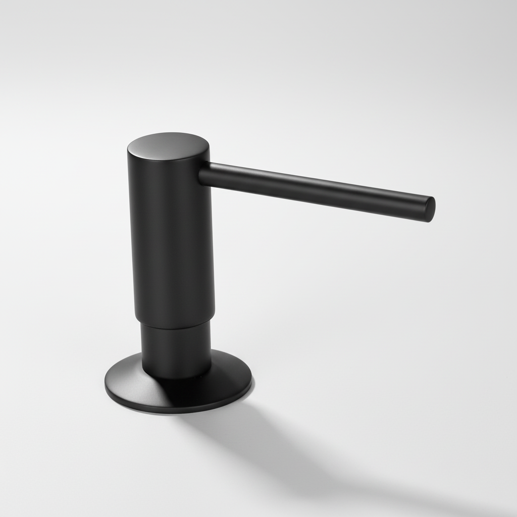 Kitchen accessory: BrassEase built-in soap dispenser perfectly integrated into a sink countertop.