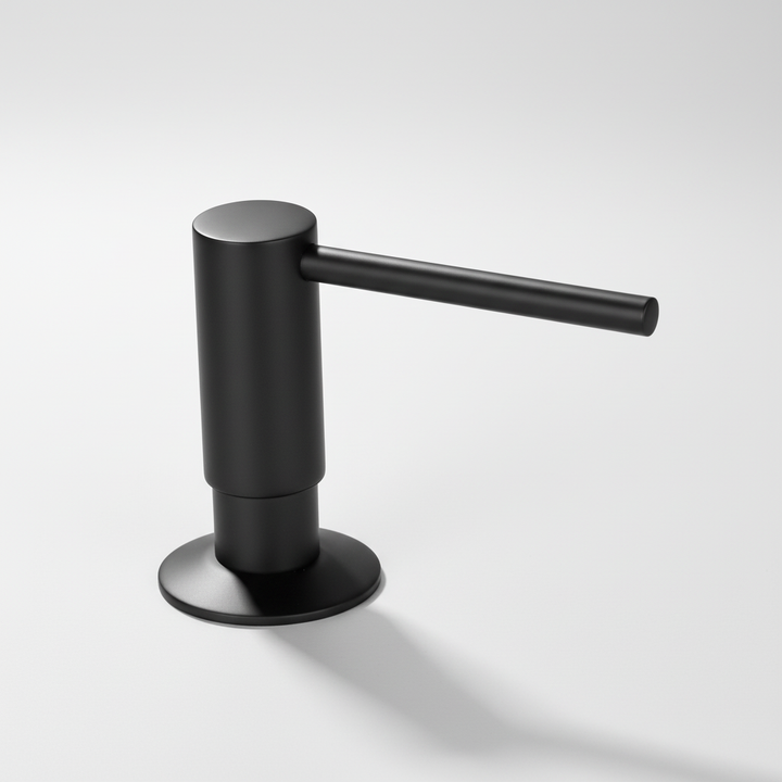 Kitchen accessory: BrassEase built-in soap dispenser perfectly integrated into a sink countertop.