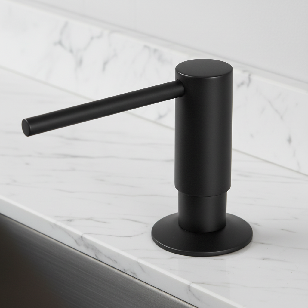 Close-up of a BrassEase brass pump head for a built-in kitchen sink soap dispenser, elegant design.