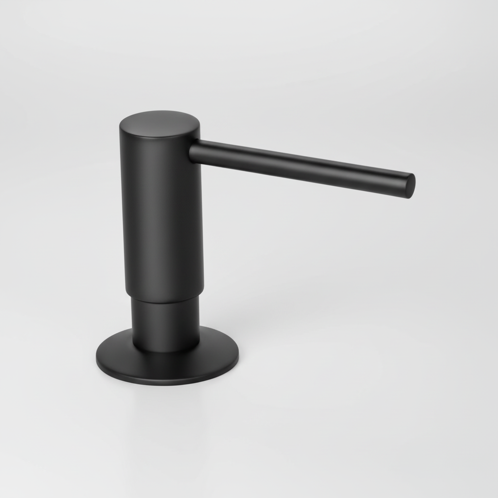 Contemporary kitchen decor with a BrassEase built-in soap dispenser and shiny brass pump.