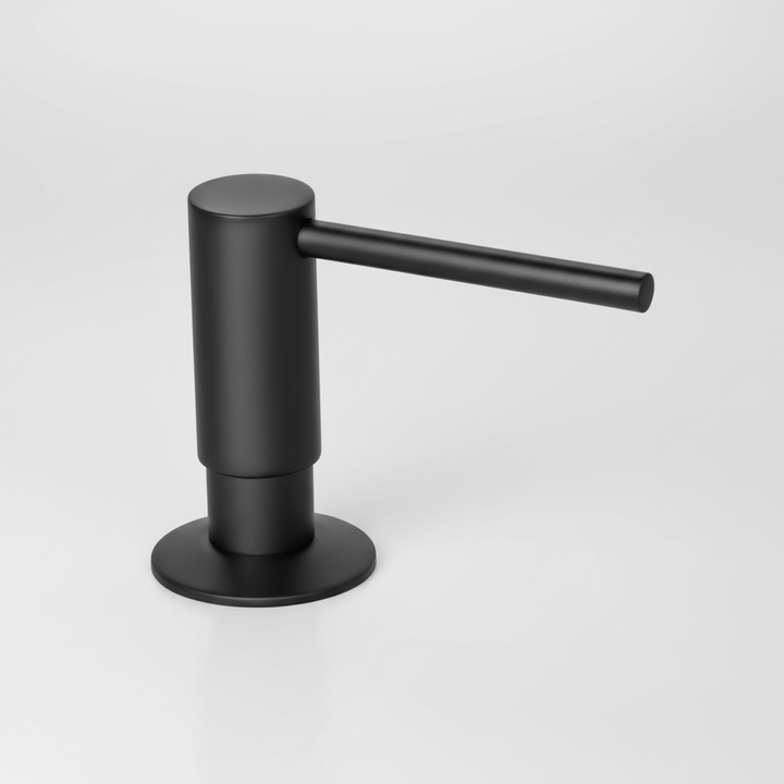 Contemporary kitchen decor with a BrassEase built-in soap dispenser and shiny brass pump.