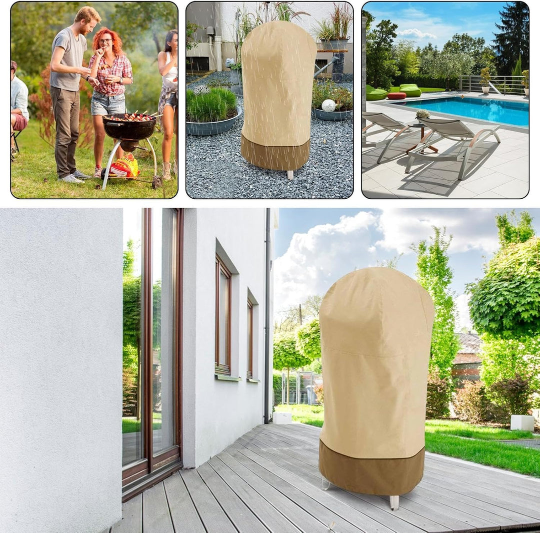 Bravoro waterproof smoker cover, black, with UV protection for BBQ grill, displayed against garden backdrop.