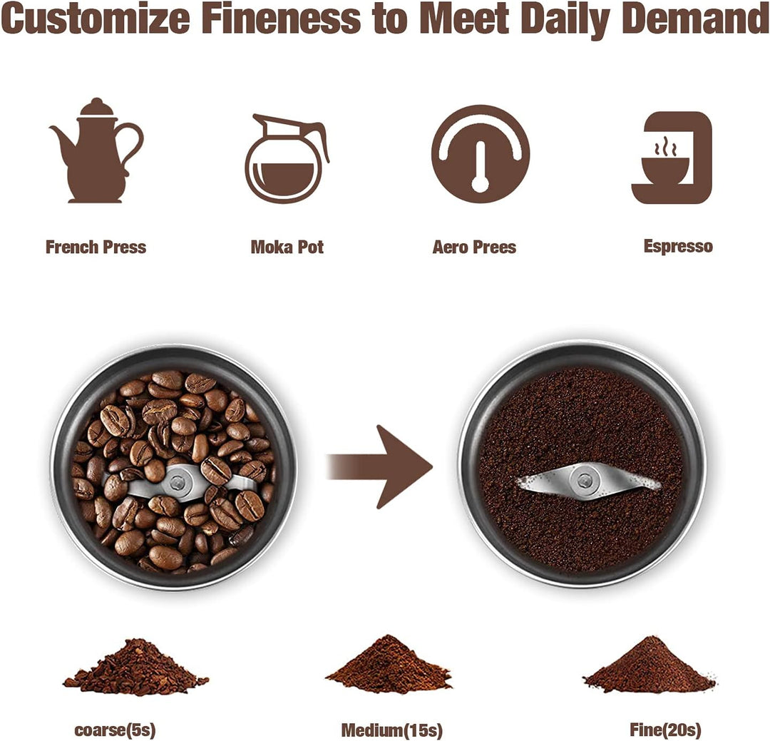 BrewMate electric coffee grinder with removable stainless steel cup, ideal for coffee brewing