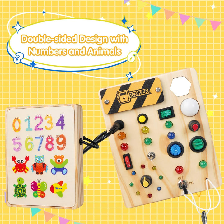 Toddler interactive Montessori busy board, a fun educational toy for preschool fine motor skill development & learning.