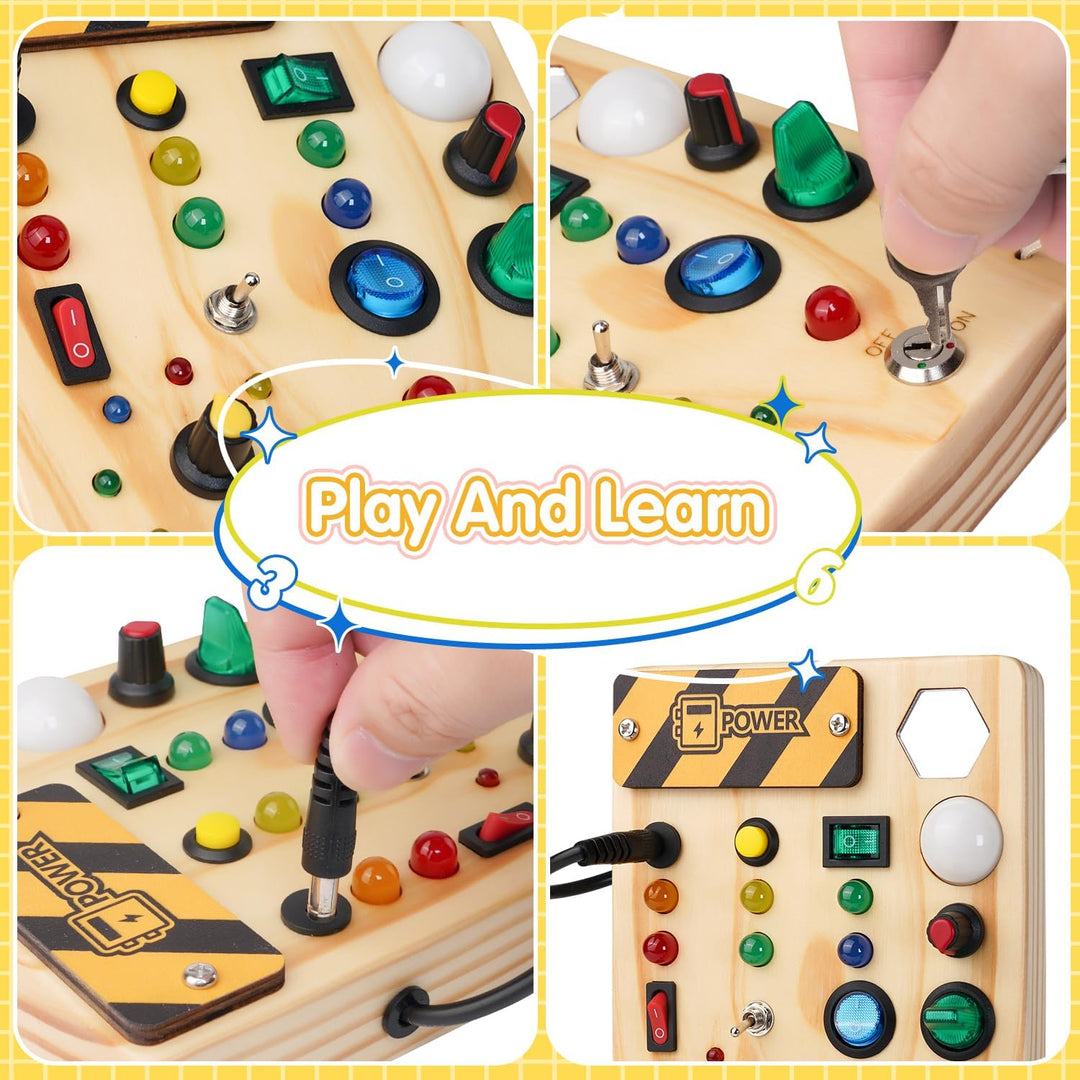 Close-up of a toddler playing with an interactive Montessori busy board, enhancing fine motor skills & cognitive learning.