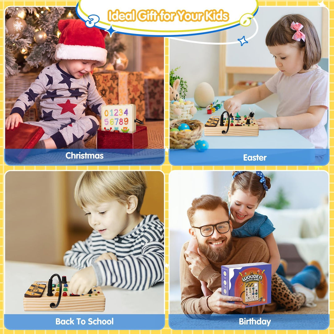 Colorful Montessori interactive busy board, engaging toddler toy for developing fine motor skills & early childhood education.