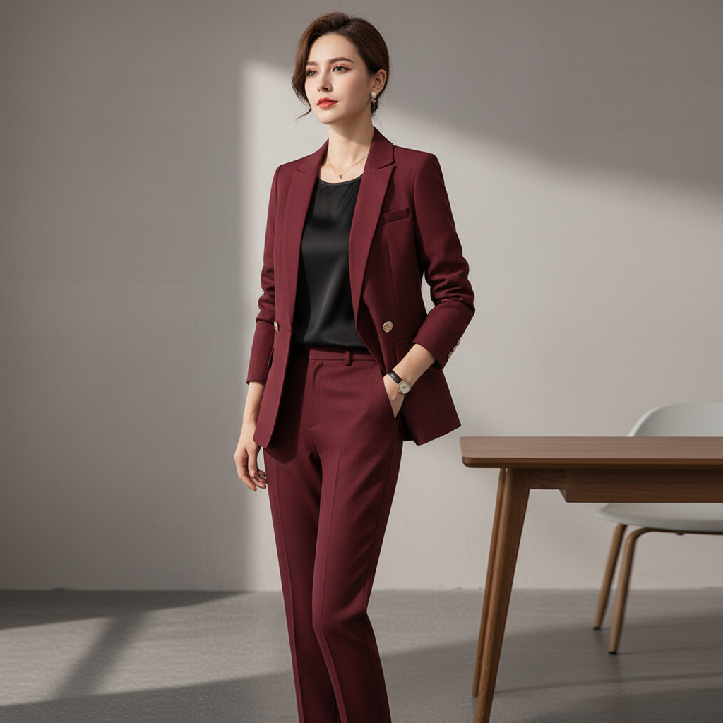 Burgundy women's two-piece blazer and trousers set, ideal for formal or office wear, front view