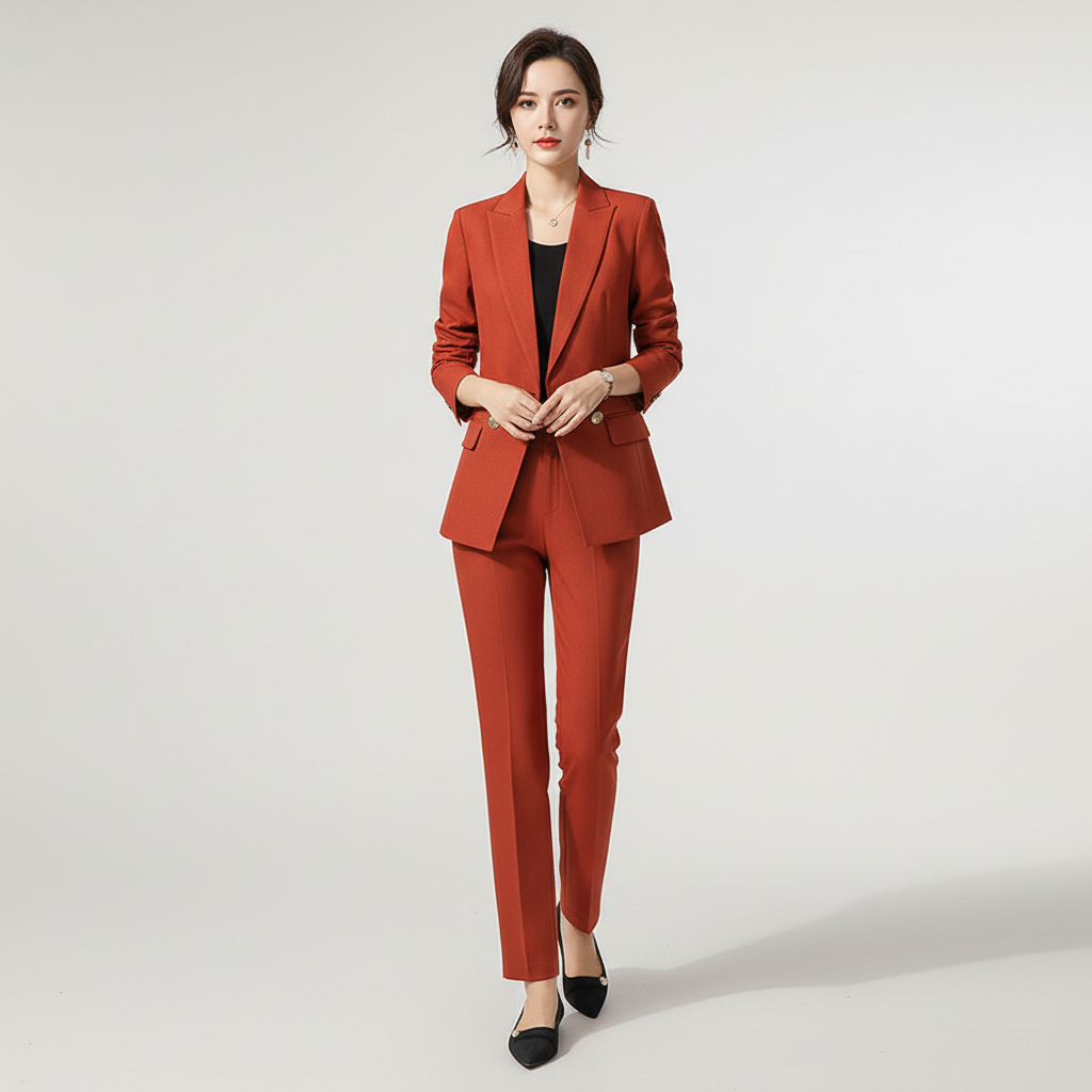 Women's two-piece blazer and trousers set in burgundy, showcasing the tailored fit