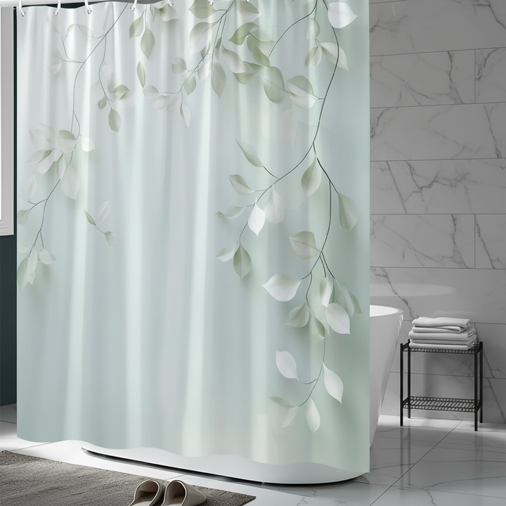 Calmweave woven polyester shower curtain with a leafy pattern, perfect for a tranquil bathroom decor.