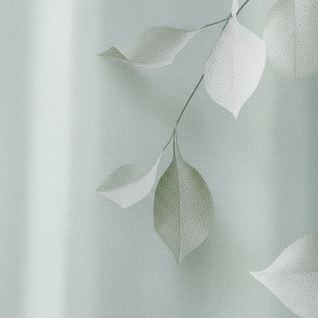 Close-up of Calmweave woven polyester shower curtain, showcasing its intricate leaf pattern and texture.