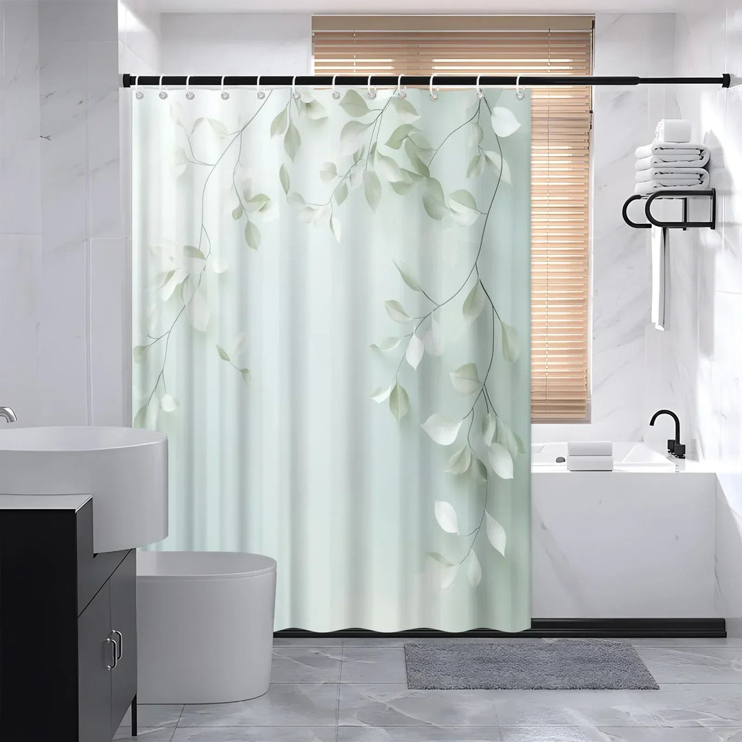 Full view of Calmweave polyester shower curtain, enhancing bathroom decor with its calm, nature-inspired design.