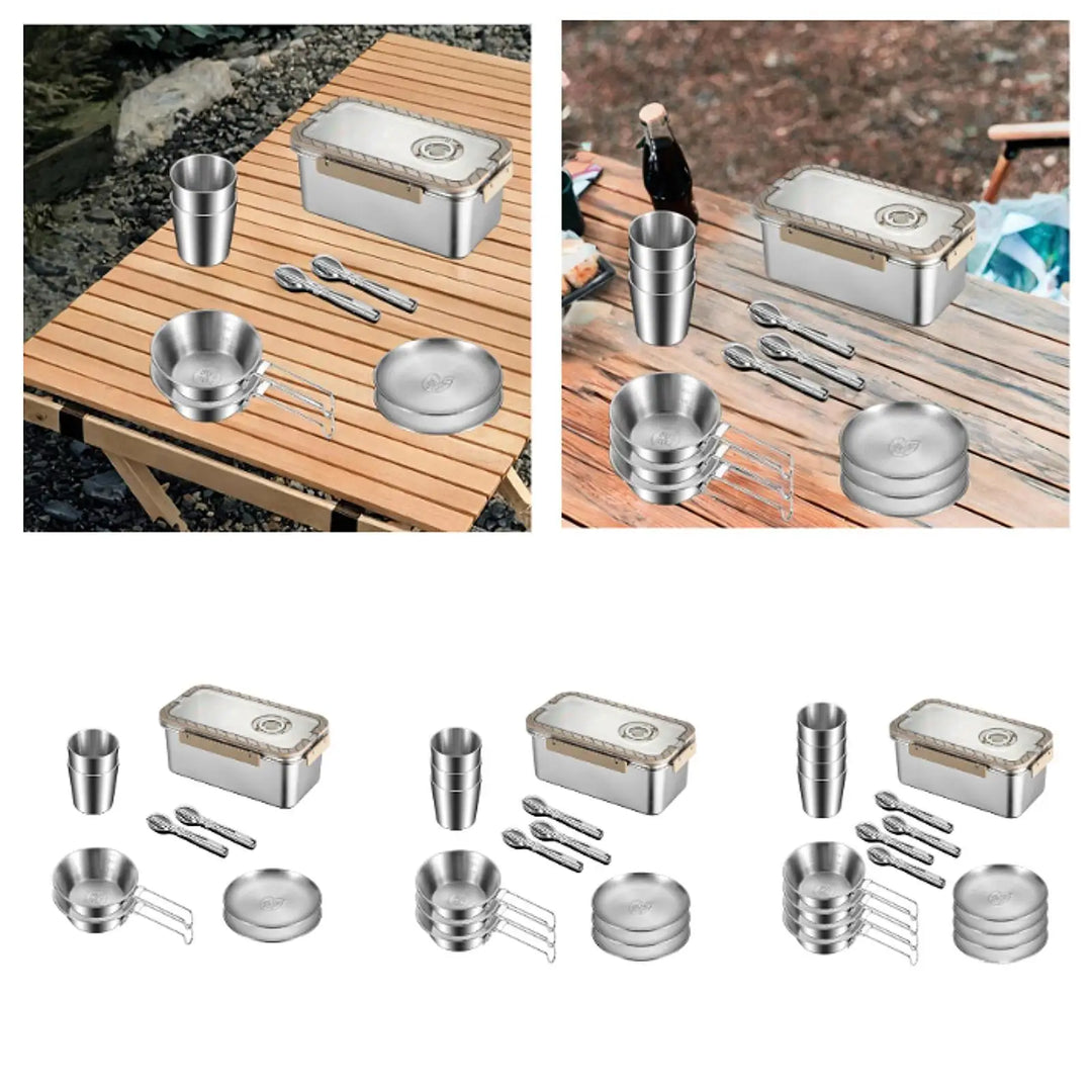 Hiking essential: Stainless steel dinnerware kit, lightweight & easy to carry for backpacking meals.