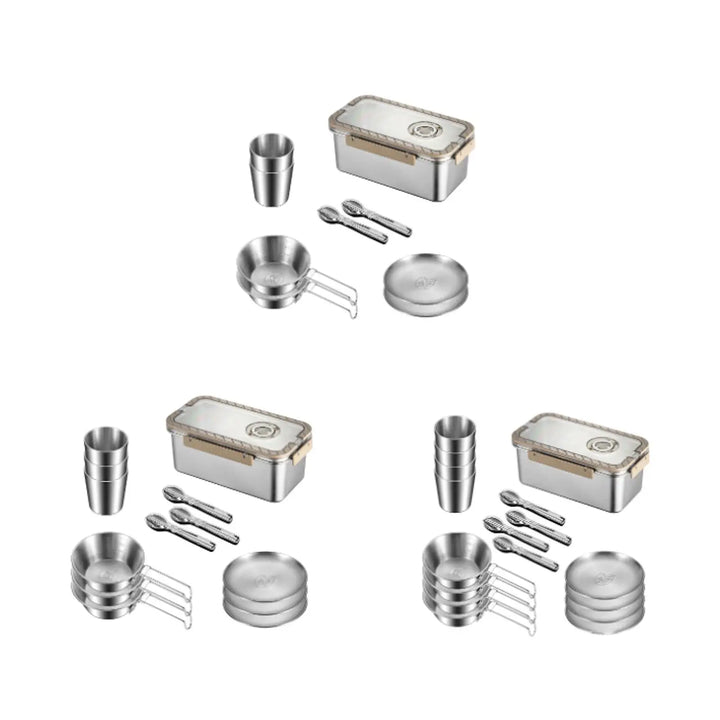 Portable dinnerware set: Stainless steel CampSet messware in a protective storage box for camping gear.