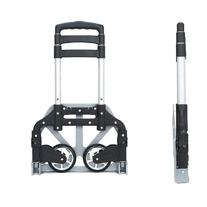 Side view of CargoMax aluminum alloy hand truck, compact and folded for easy storage, travel gear
