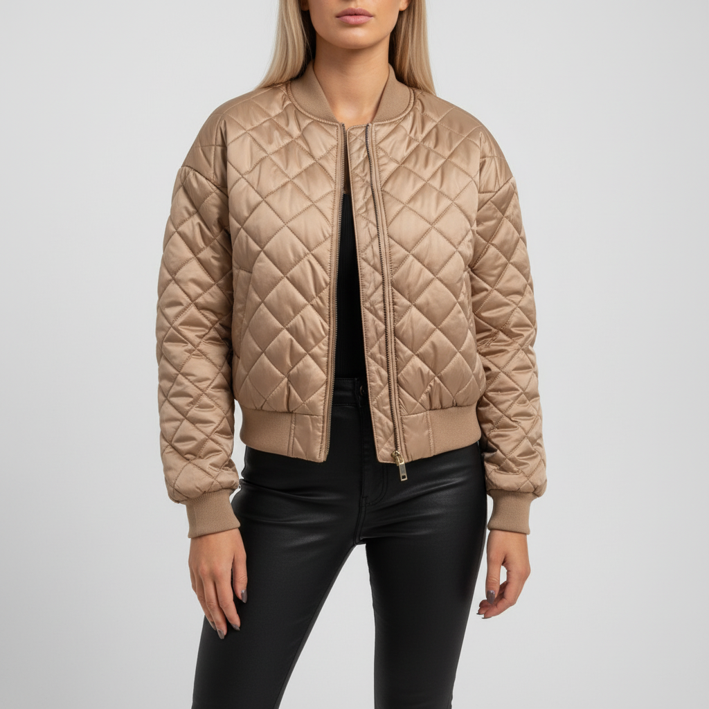 Model wearing a fashionable Carla women's padded bomber jacket, suitable for casual winter outfits