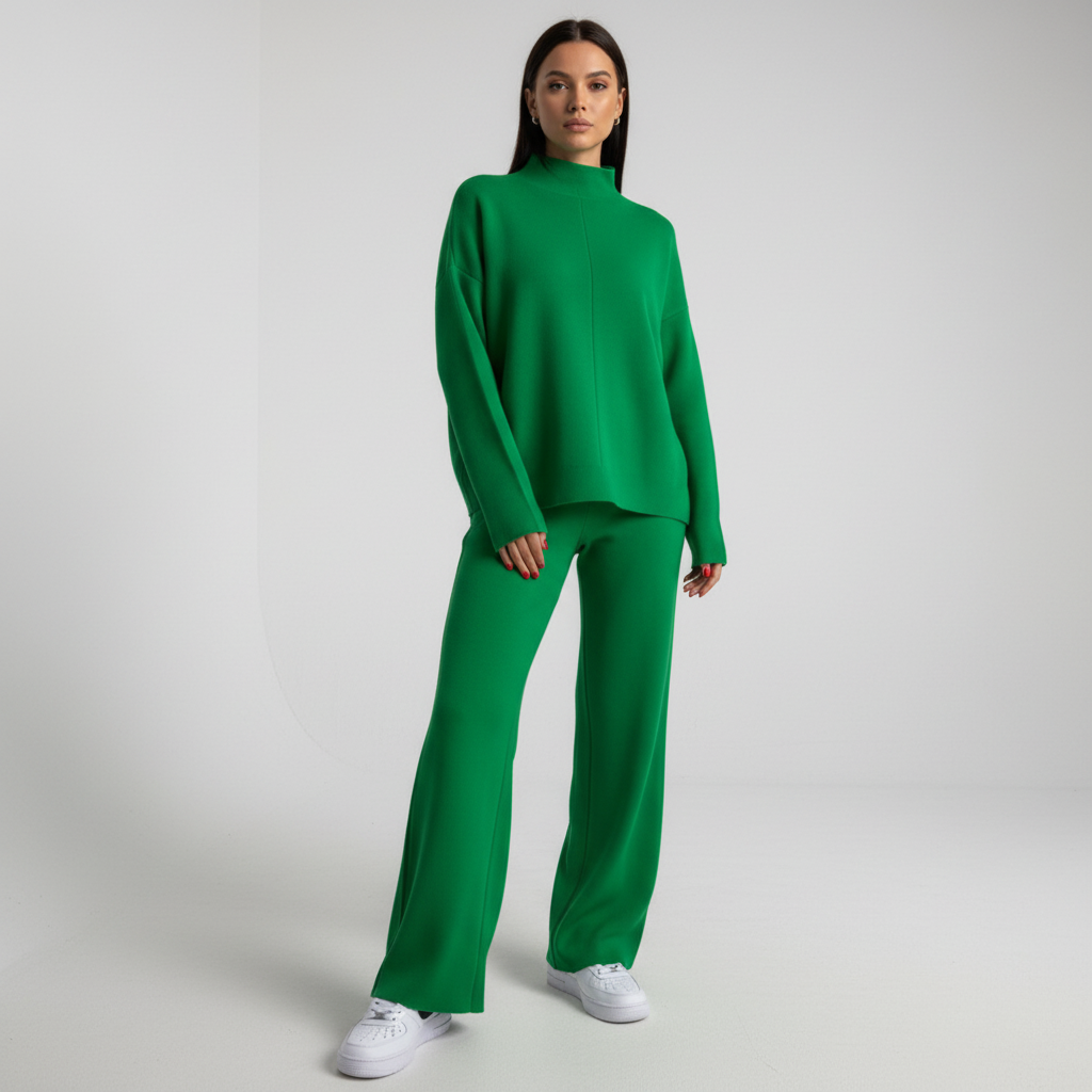 Leanne women's wide-leg knit lounge set, a versatile two-piece outfit for cozy comfort and style.