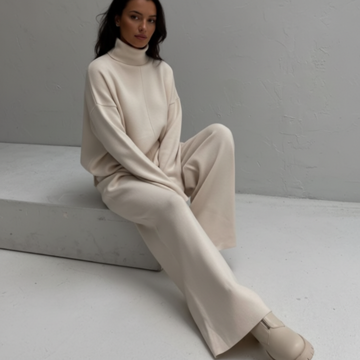 Model wearing a women's knit lounge set with wide-leg pants, demonstrating its relaxed fit and elegant drape.