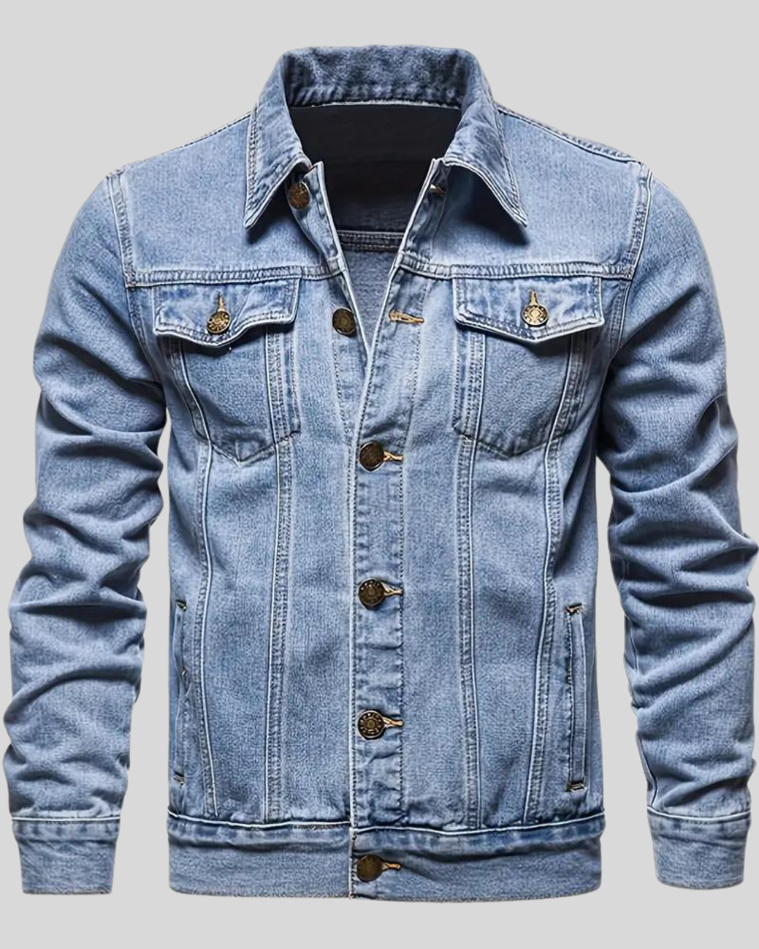 Primer plano de chaqueta vaquera de hombre, textura de mezclilla, costuras reforzadas, moda masculina.