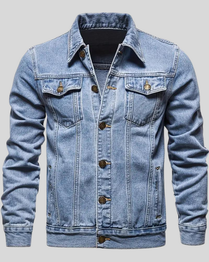 Primer plano de chaqueta vaquera de hombre, textura de mezclilla, costuras reforzadas, moda masculina.