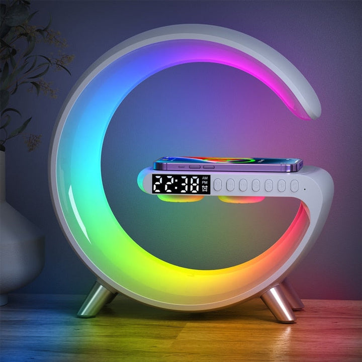 ChargeGlow wireless charging station with Bluetooth speaker & LED ambient light, perfect for bedside or home decor