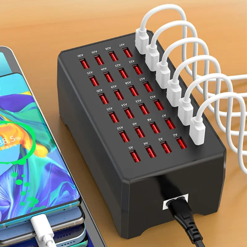 Universal 30-port USB charger, a black multiport charging station with smart cooling for fast home and office charging