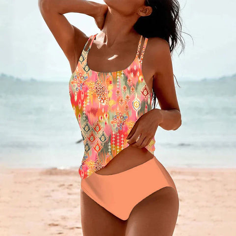 Vibrant women's tankini swimwear, a colorful two-piece swimsuit perfect for summer vacation and modest style.