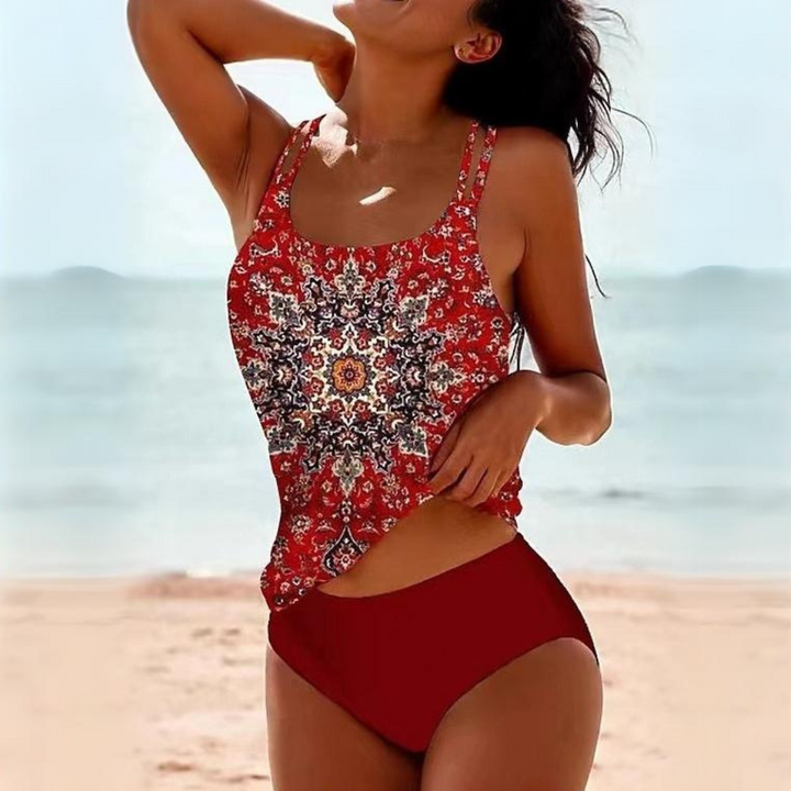 Cheerful women's tankini, a stylish two-piece swimsuit for summer, perfect for beach, pool, and vacation comfort.