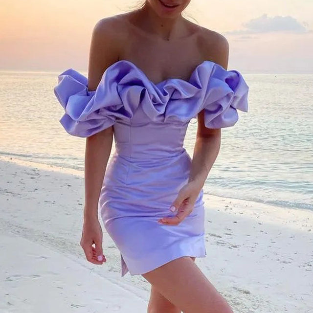 Elegant women's one-shoulder cocktail dress, asymmetrical design, ideal for evening events & summer parties.