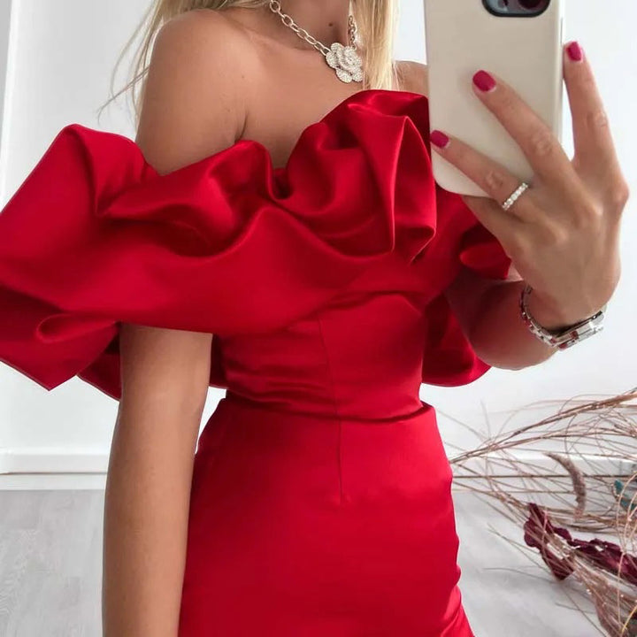 Fashionable women's one-shoulder dress with asymmetrical neckline, ideal for summer parties & events.