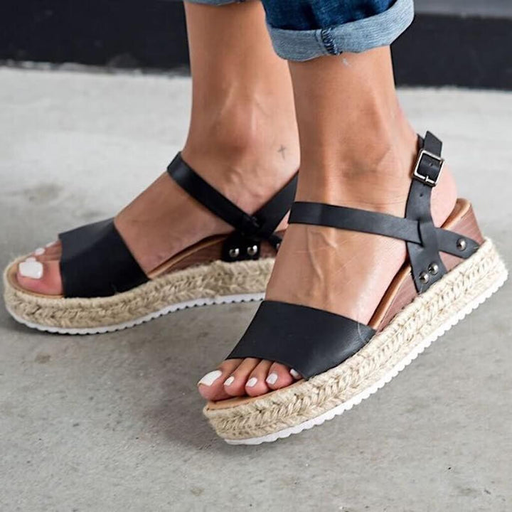 Fashionable women's open-toe espadrille wedge sandals, perfect with ankle strap.