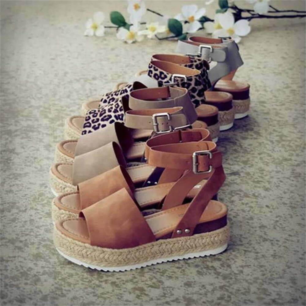 Women's casual wedge sandals, open toe espadrille with secure ankle strap.
