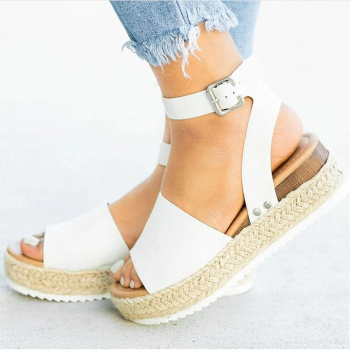 Women's vacation espadrille sandals, comfortable platform wedge with ankle strap.