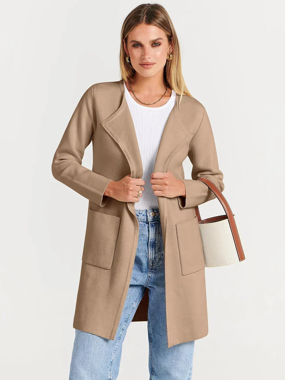 Women's comfortable knit cardigan, great for autumn fashion and cozy wear.