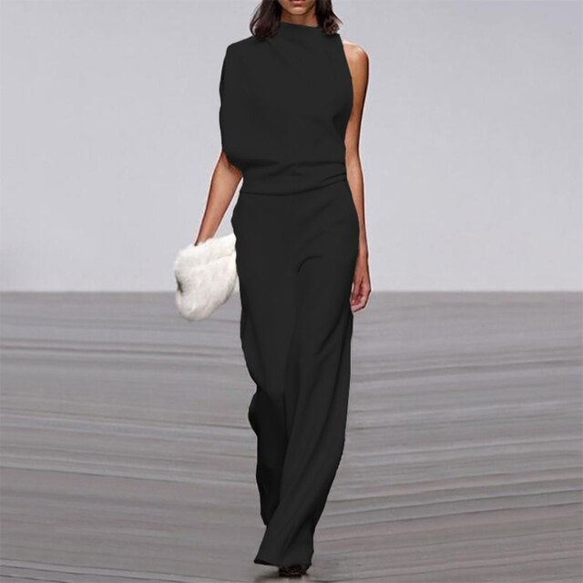 Comfortable sleeveless ruffle wide-leg jumpsuit for women, ideal for summer, casual wear, and relaxed vacation style.