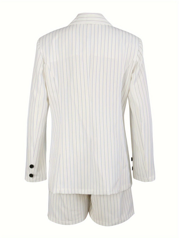 Model wearing a chic women's striped summer blazer & shorts set, showing elegant fit & style.