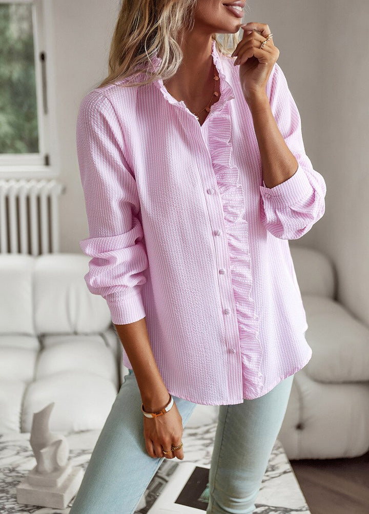 Chic striped button-up blouse. Women's long sleeve top, great for work or weekend style.